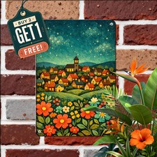 Moonlit Hillside Village Nightscape Metal Sign Fantasy Cottage Decor 8x12 picture