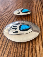 Vintage Navajo Silver Turquoise Bear Paw Shadowbox Belt Buckle, and Bolo NICE picture