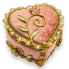 Vtg. Pink Velvet Ormalu Style Rhinestone & Pearl Heart Shape Jewelry Trinket Box picture