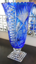 LARGE Vintage Czech Cobalt Blue Cut  Crystal Glass Footed 15.5