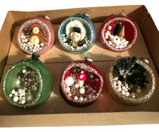 VINTAGE 6 MERCURY GLASS DIORAMA INDENT JAPAN CHRISTMAS ORNAMENTS MULTICOLOR picture