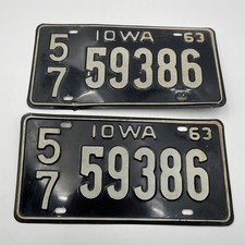 Iowa 1963 LINN COUNTY License Plate Matching PAIR # 57 59386 Set picture