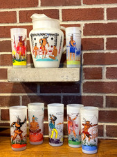 VTG. Bonded Oil Company Frosted Glass Pitcher & 7-Frosted Glasses Ohio Indians picture