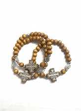 3 Bracelets Holy Land Silver Elastic Jerusalem Olive Wood Hand Made Icon Cross picture