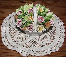 RARE LOVELY VTG. HAND-CRAFTED & PAINTED BONE CHINA BASKET OF PINK & YELLOW ROSES picture