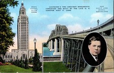 Louisiana State Capitol Baton Rouge Huey P Long Bridge New Orleans Postcard picture