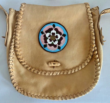 👗Vintage Native American Indian Handmade Leather Hide Purse Beaded Whipstitch picture