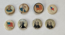 8 Historical Pins US Flag (3) & 5 Presidents, Washington, Jefferson, JQ Adams picture