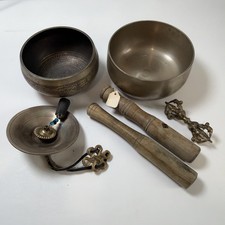 Vintage Tibetan Buddhist Chakra Singing Bowl Set Hand-Etched 5in and 4in + Extra picture