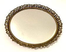 Ormolu Mirrored Vanity Dresser Perfume Brass Round Gallery Tray Vintage 9.5