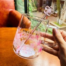 2023 Starbucks Pink Sakura & Purple Cherry Glass Coffee Mug Cup w/Stick picture