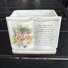 Vintage Lefton Ceramic Planter Vase Lords Prayer Hand Painted Flowers Pink Gold picture