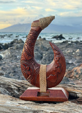 Hawaiian Store Handcarved Wooden Makau Fish Hook on Stand picture