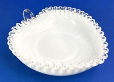 Vintage Fenton Milk Glass Silver Crest Heart Shaped Bowl Dish Finger Loop Handle picture