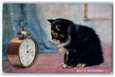 Romeo MI Postcard Clock Black Cat Alice in Wonderland 1910 Oilette Tuck Cats picture