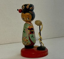 Vintage Japanese Kokeshi Microphone Singer Wooden Girl Doll Green Kimono Japan picture