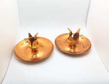 Rare Vintage Rhodesia Copper Products Pair Candlestick Holders Two 2 Leaf Gift picture