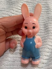 Vintage Knickerbocker Hard Plastic Bunny Rabbit Yellow with Overalls 2 3/4