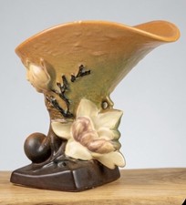 Vintage Roseville Pottery Magnolia Cornucopia Vase 184-6 Brown Orange Art 1943 picture