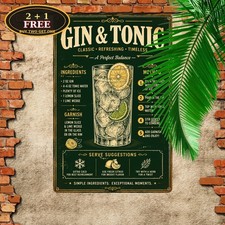 Gin And Tonic Cocktail Sign Retro Recipe Bar Pub Lounge Wall Decor Metal Plaque picture