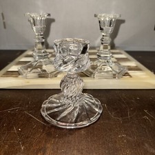 Clear GLASS TAPER CANDLE HOLDERS Candlesticks Hexagon & Swirl Base Lot Of 3 picture