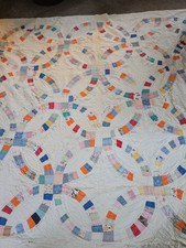 Vintage Double Wedding Ring Quilt Hand Pieced Cutter 74x77 picture