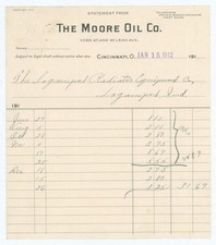 1912 Cincinnati OH Moore Oil Co Gasoline Petroleum Logansport Indiana Statement picture