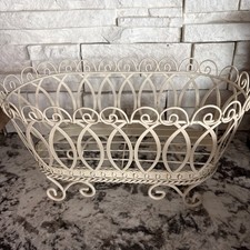 Vtg French Wire Pedestal Basket Creamy White Painted Iron Metal Oblong Planter picture