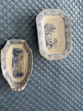 Vintage W Adams & Sons Chinese Bird Blue Transferware 9” Dishes Lot of 2 picture