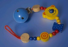 Vintage HABA Wooden Pacifier Chain Yellow Bear Blue Bow Tie picture