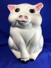 Large Retro White Ceramic Sitting Pig Piggy Bank Glass Eyes USA Farmhouse    639 picture