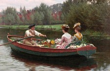Stunning Oil painting boating man with nice young girls and spring flowers lake picture