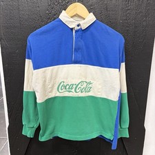 Vintage Coca-Cola LongSleeve Blue and Green Rugby Polo Shirt Size M picture