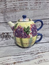 Julie Ueland 3 pc Teapot Lge Cup Enesco 1999 Hydrangea Floral New Vtg Cottage picture