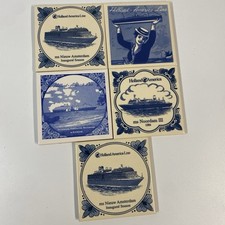 Vintage Set of 5 Delft Blue & White Holland America Cruise Line Tile Coasters picture