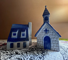 Vintage 1998 Eldreth Pottery Salt Glaze Church & House Set Cobalt Blue PA Folk picture