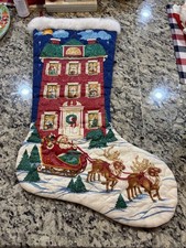 Homemade Large Christmas Stocking Santa On Sleigh A Visit From St Nicholas 25” picture