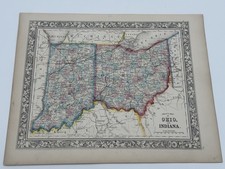 County Map of OHIO and INDIANA Dated 1862 Handcolored S Augustus Mitchell 12x15 picture