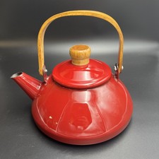Vtg Danish MCM Red Enamel Tea Kettle Teak Wood Handle & Knob Mid Century Modern picture