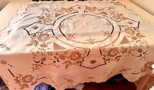 Vintage Madeira Hand Embroidered Tablecloth w/ Richelieu & Scalloped Edges. B369 picture