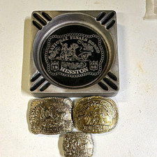 Vintage 1985 Hesston NFR Rodeo Collector Lot 3 Belt Buckles & Ashtray Fellows picture