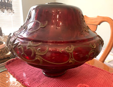 Vintage Antique Victorian RUBY RED Blown Glass Metal Embossed LAMP BODY 15
