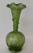 Antique Bohemian hand-blown green art-glass vase 1890–1900 spiral gilt ruff Rim picture