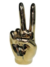 7” Peace Sign Hand Figurine Golden Ceramic Ring Holder  picture