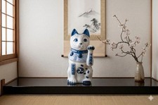 Seto Ware Sometsuke Maneki Neko Lucky Cat Left Paw Raised Japan 6.7
