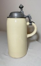 antique 1Ltr. early 1800's German pottery pewter lidded beer stein mug tankard picture