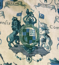 Vtg 1940s Liberty of London Linen Fabric 2.75 Yds English Map Coat of Arms Crest picture