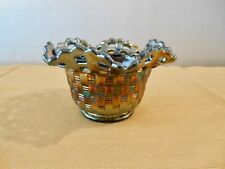 Vintage Fenton Iridescent Amethyst Carnival Glass Basket Weave Bowl Signed EXC picture