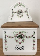 Vtg Antique Danish Salt Wall Hanging Ceramic Wood Floral Bin Kitchen Container picture