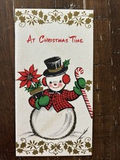 Vintage Mid Century Forget-Me-Not Christmas Card Snowman Poinsettia 1960s Retro picture